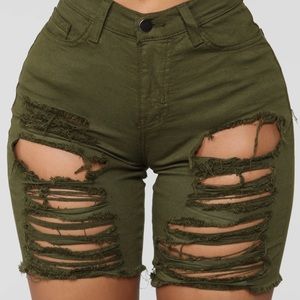 Fashion Nova distressed Bermuda shorts.